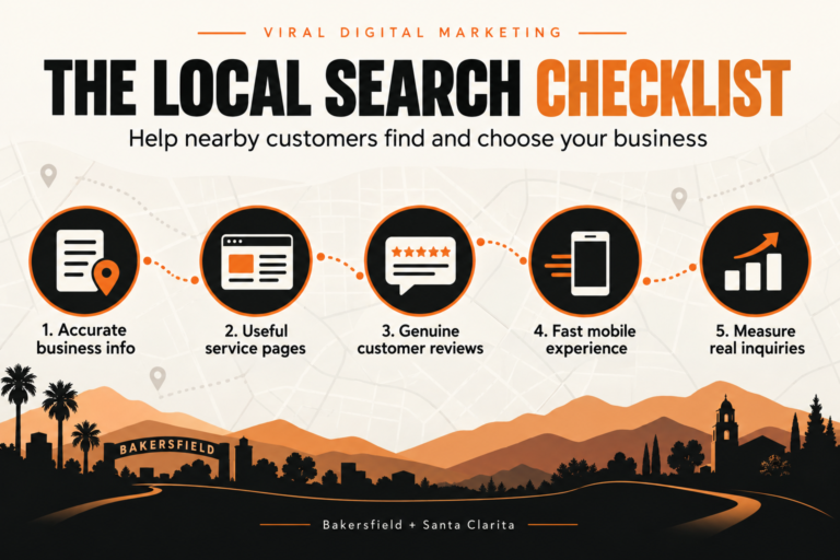 Five local search priorities: accurate business information, useful service pages, genuine reviews, a fast mobile experience, and measuring inquiries.